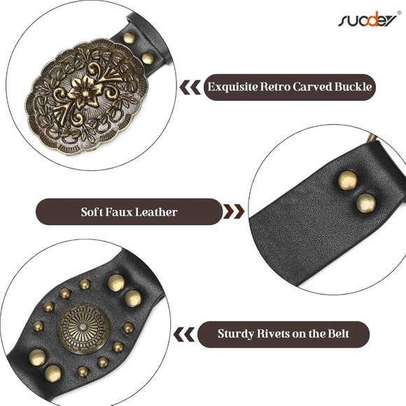 Women's Vintage Cowgirl Rivets Belt Western Leather Belts A-Black Style Dress - Picture 4 of 6